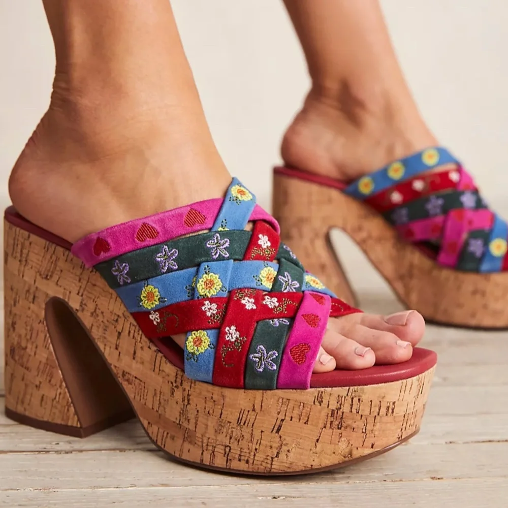 Free People Lisbon Pink Suede Embroidered Platform Sandal